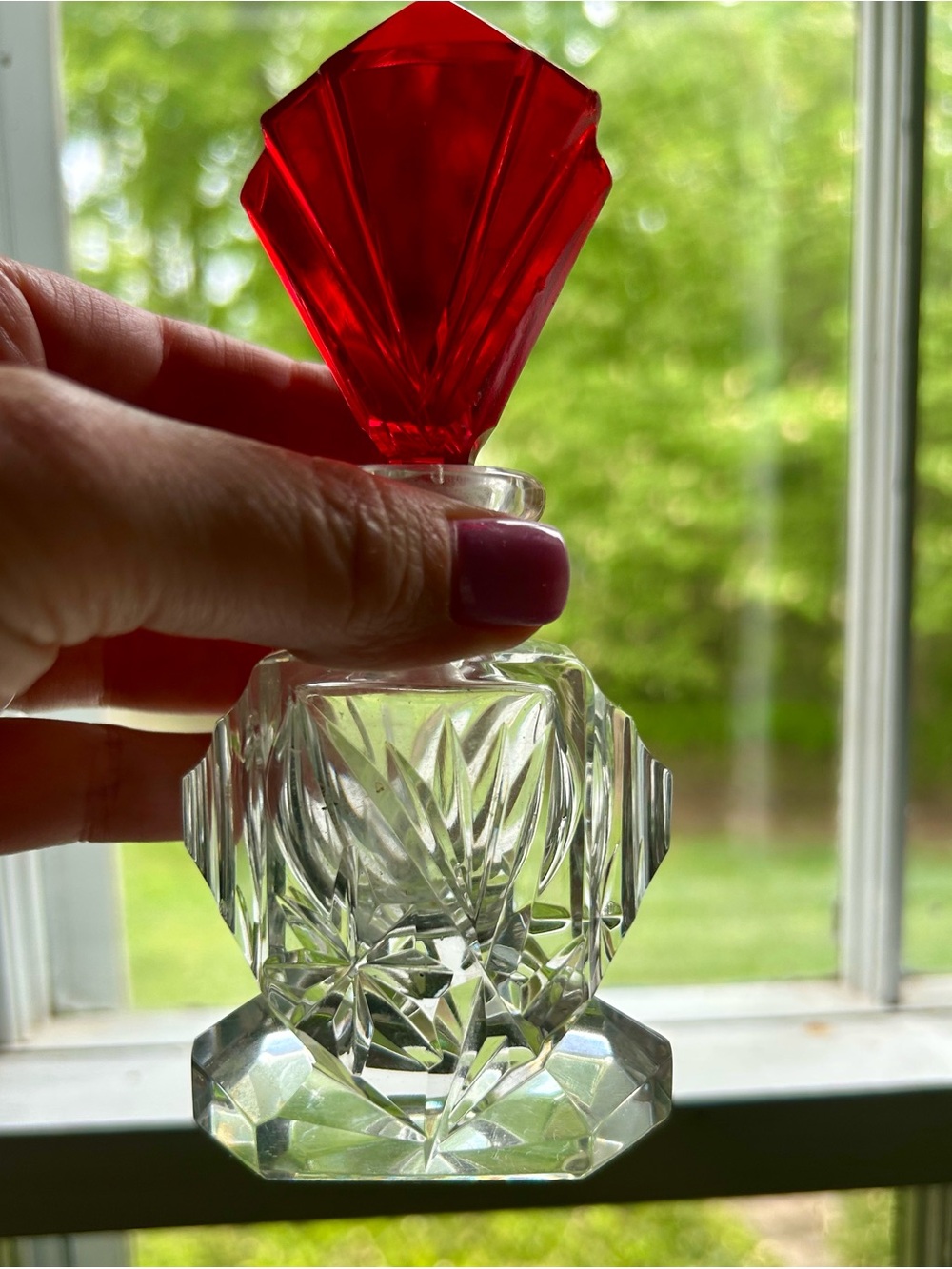 SALE 🩵Antique Czech Bohemian Cut Crystal Perfume Bottle with Red Faceted Stopper